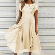 Lace Wedding Guest Dresses for Women Elegant 2024 Mother of The Bride Groom Dresses Chiffon Formal Evening Midi Dress Cocktail Party Dress Floral Flowy Swing Prom Dresses